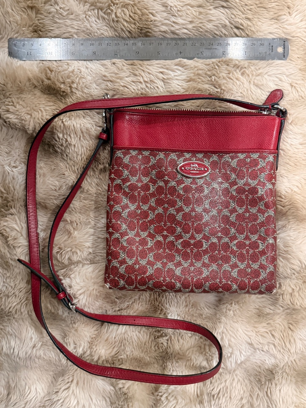 Coach Red Signature Crossbody with Silver Logo Plaque